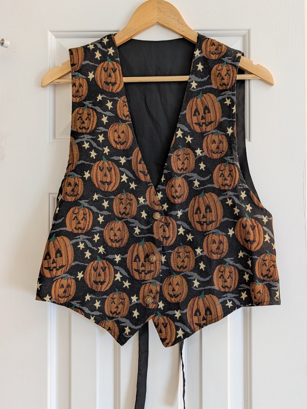 Vintage 90s Tapestry Vest - Halloween Pumpkin Vest - Black & Orange